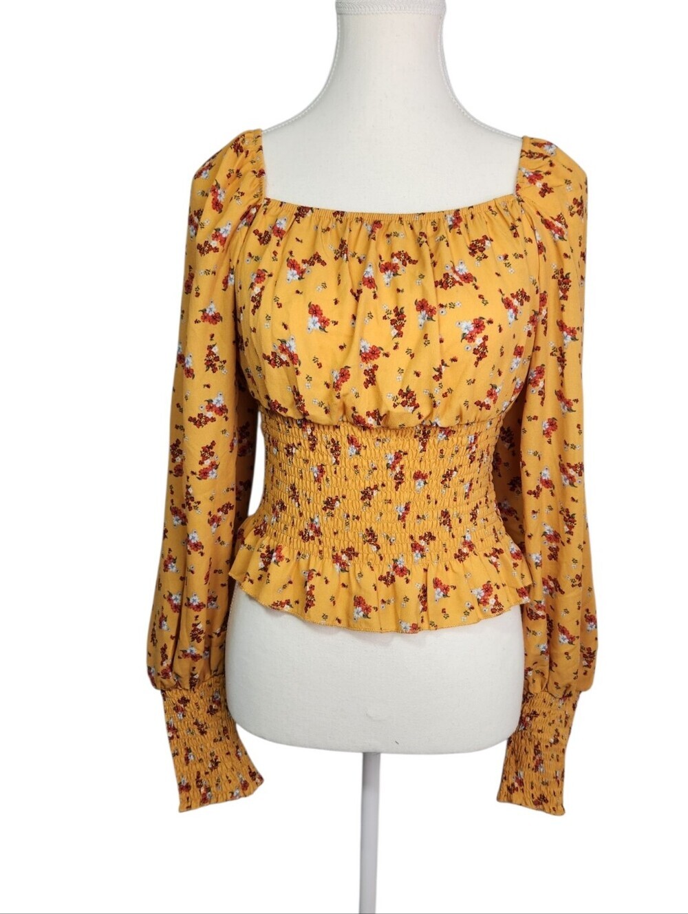 Ultra Flirt Floral Smocked Peplum Peasant Top Yellow Long Sleeve Square Neck S